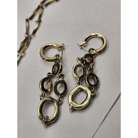 Vintage Signed MONET Gold‑Tone Marcasite Rhinestone Pendant Necklace Earring - Picture 9 of 11